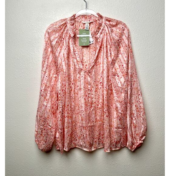 NWT H&M Floral Ruffle Tie-Neck Crêpe Blouse Peach Pink L - Picture 2 of 13
